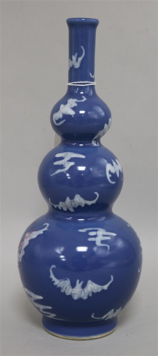 A Chinese blue ground triple gourd vase, seal mark height 28cm